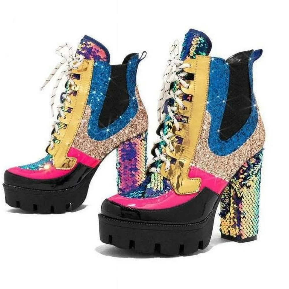 NEW Cape Robbin Nell Heeled Boots  Sparkly Sequin PlatformChelsea Boots Wo